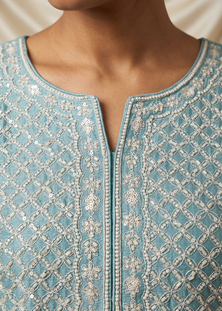 Buy Now Steel Blue Beads & Sequins Embroidered Palazzo Style Suit Online in US, UK, Canada, Netherlands, Germany, Italy, France, Sweden & Worldwide at Empress.