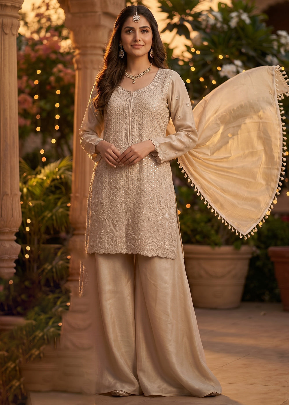 Buy Now Beige Beads & Sequins Embroidered Palazzo Style Suit Online in US, UK, Canada, Netherlands, Germany, Italy, France, Sweden, UAE & Worldwide at Empress.