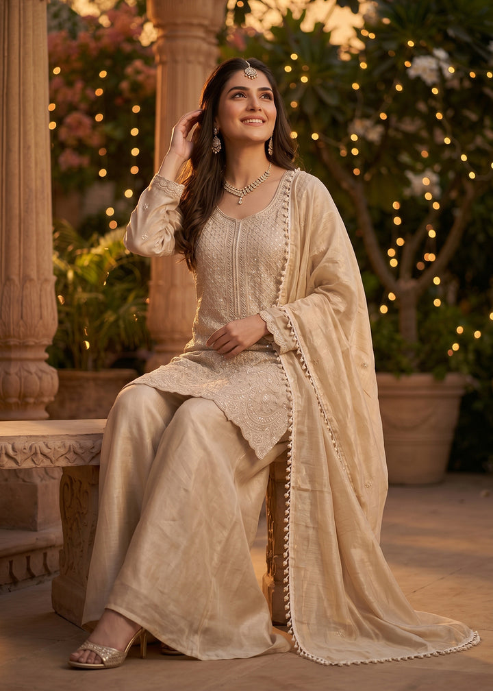 Buy Now Beige Beads & Sequins Embroidered Palazzo Style Suit Online in US, UK, Canada, Netherlands, Germany, Italy, France, Sweden, UAE & Worldwide at Empress.
