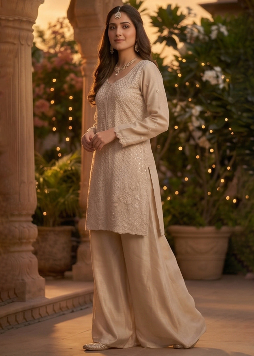 Buy Now Beige Beads & Sequins Embroidered Palazzo Style Suit Online in US, UK, Canada, Netherlands, Germany, Italy, France, Sweden, UAE & Worldwide at Empress.