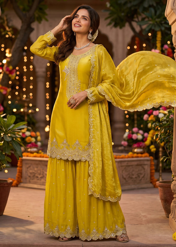 Buy Now Maize Yellow Tora Silk Embroidered Festive Palazzo Style Dress Online in US, UK, Canada, Netherlands, Germany, Italy, France, UAE & Worldwide at Empress.