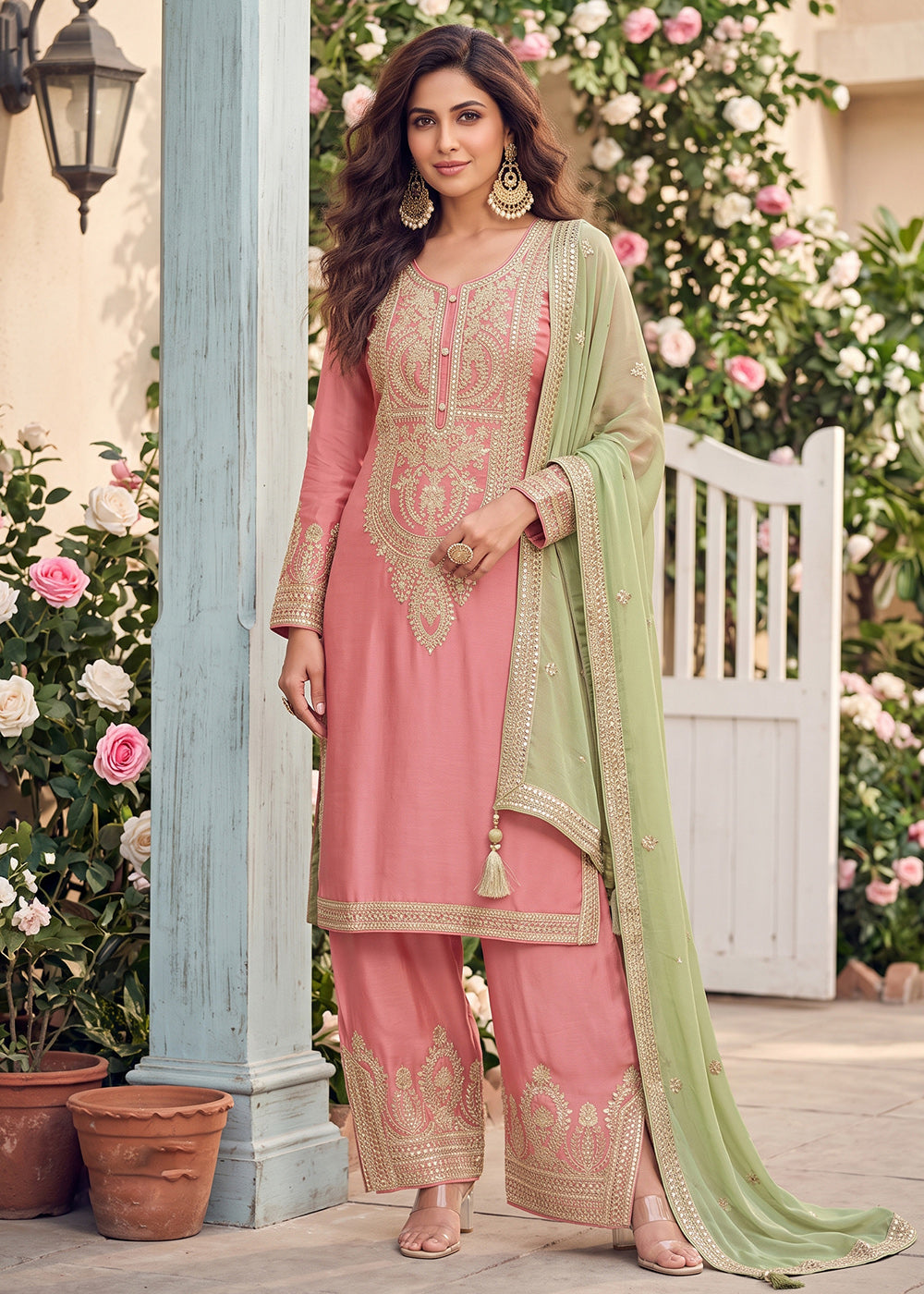 Buy Now Embroidered Pink Real Chinnon Pant Style Dress  Online in US, UK, Canada, Netherlands, Germany, Italy, France, Greece, Austria & Worldwide at Empress