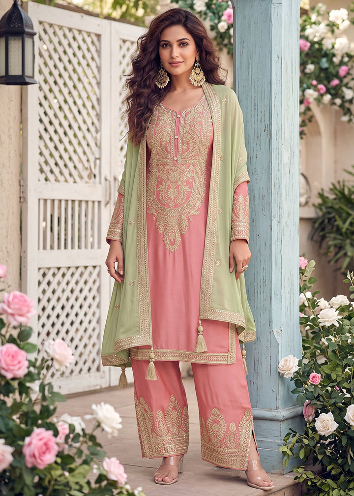 Buy Now Embroidered Pink Real Chinnon Pant Style Dress  Online in US, UK, Canada, Netherlands, Germany, Italy, France, Greece, Austria &amp; Worldwide at Empress