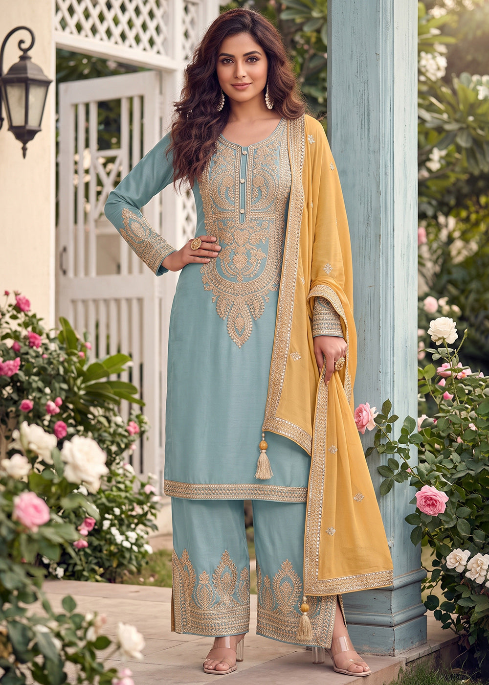 Buy Now Embroidered Blue Real Chinnon Pant Style Dress  Online in US, UK, Canada, Netherlands, Germany, Italy, France, Greece, Austria & Worldwide at Empress