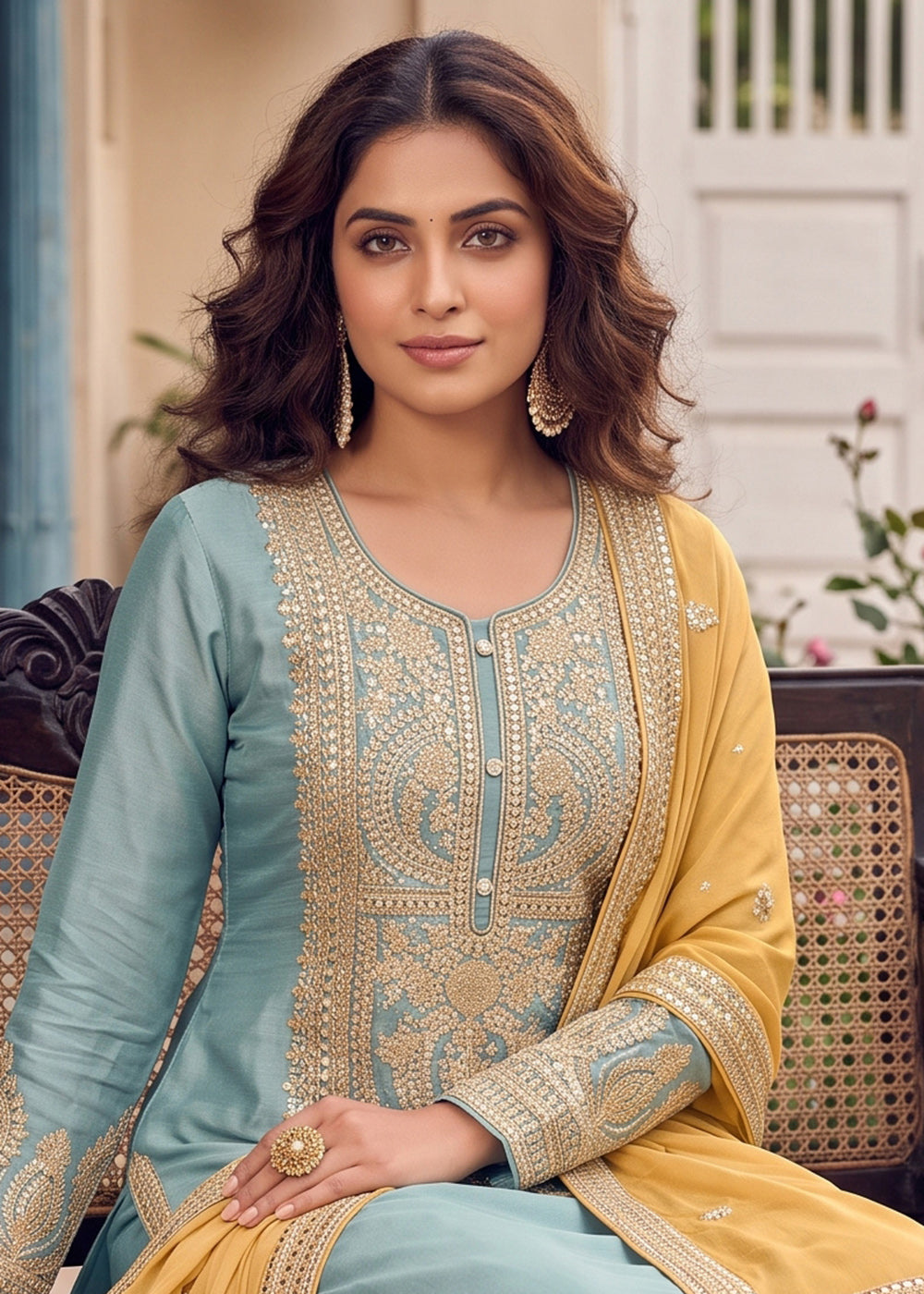 Buy Now Embroidered Blue Real Chinnon Pant Style Dress  Online in US, UK, Canada, Netherlands, Germany, Italy, France, Greece, Austria & Worldwide at Empress