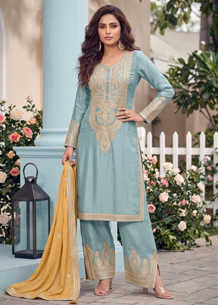 Buy Now Embroidered Blue Real Chinnon Pant Style Dress  Online in US, UK, Canada, Netherlands, Germany, Italy, France, Greece, Austria &amp; Worldwide at Empress