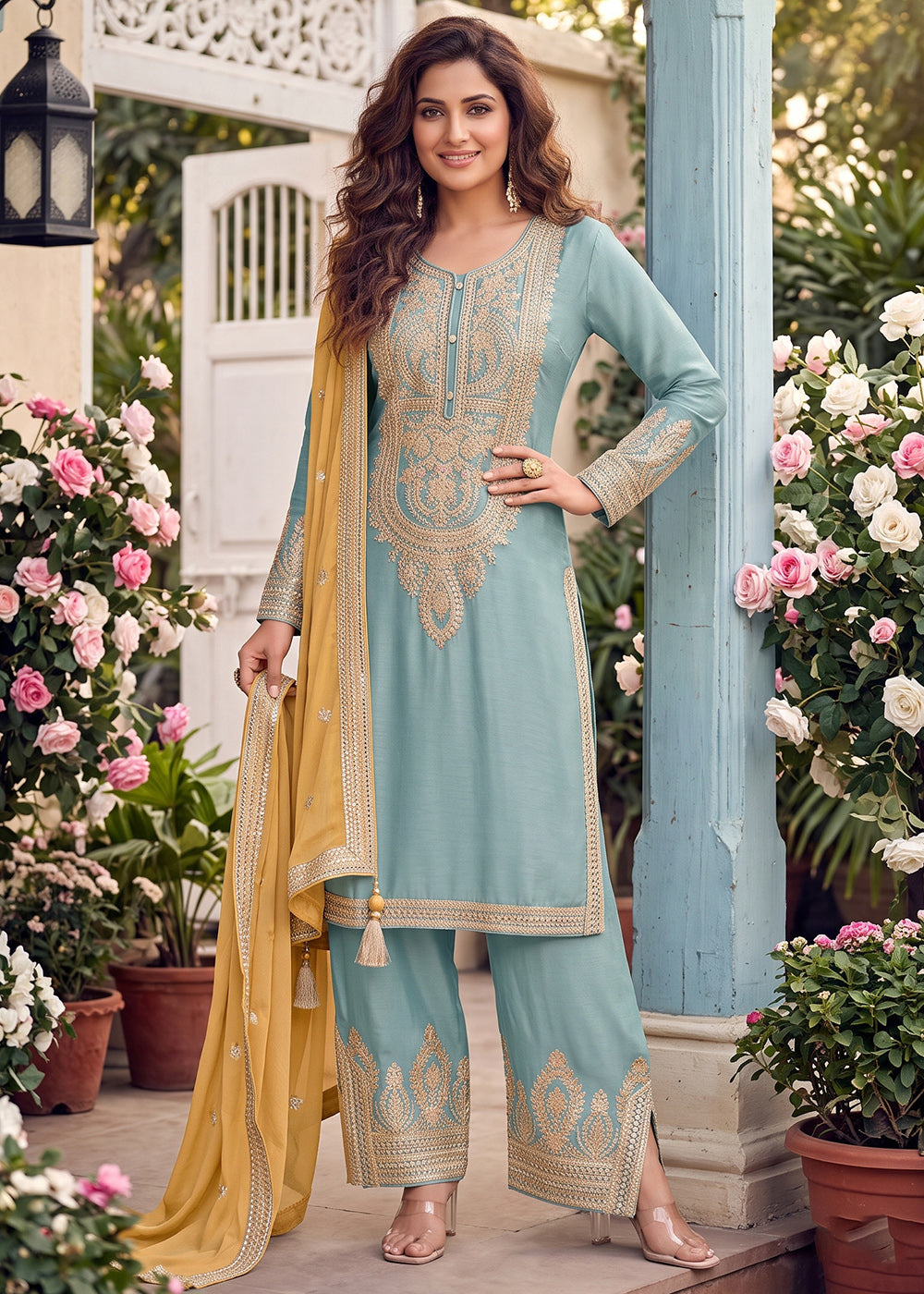 Buy Now Embroidered Blue Real Chinnon Pant Style Dress  Online in US, UK, Canada, Netherlands, Germany, Italy, France, Greece, Austria &amp; Worldwide at Empress