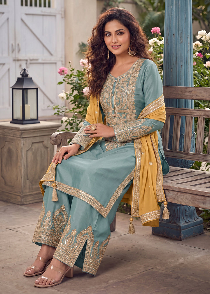 Buy Now Embroidered Blue Real Chinnon Pant Style Dress  Online in US, UK, Canada, Netherlands, Germany, Italy, France, Greece, Austria &amp; Worldwide at Empress