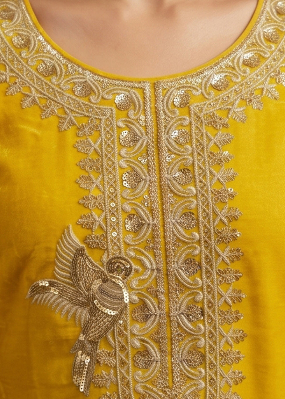 Buy Now Maize Yellow Tora Silk Embroidered Festive Palazzo Style Dress Online in US, UK, Canada, Netherlands, Germany, Italy, France, UAE & Worldwide at Empress.
