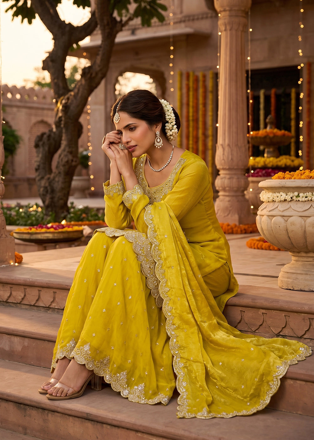 Buy Now Maize Yellow Tora Silk Embroidered Festive Palazzo Style Dress Online in US, UK, Canada, Netherlands, Germany, Italy, France, UAE & Worldwide at Empress.