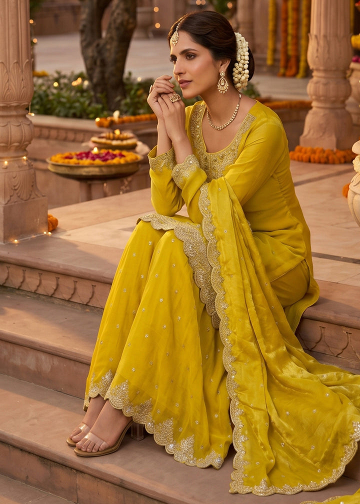 Buy Now Maize Yellow Tora Silk Embroidered Festive Palazzo Style Dress Online in US, UK, Canada, Netherlands, Germany, Italy, France, UAE & Worldwide at Empress.