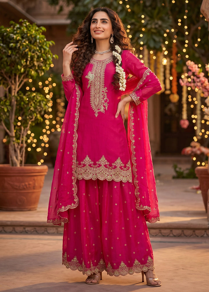 Buy Now Rani Pink Tora Silk Embroidered Festive Palazzo Style Dress Online in US, UK, Canada, Netherlands, Germany, Italy, France, UAE & Worldwide at Empress.