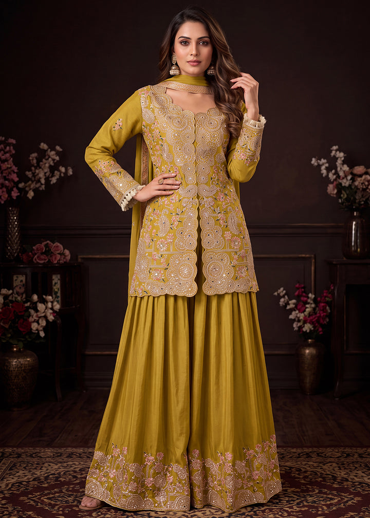 Buy Now Real Chinnon Embroidered Mustard Festive Palazzo Dress Online in US, UK, Canada, Germany, Italy, France, Greece, Australia, UAE &amp; Worldwide at Empress.