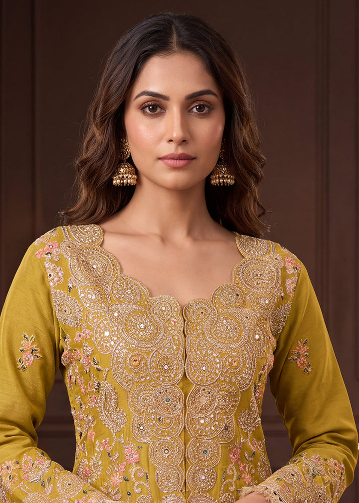 Buy Now Real Chinnon Embroidered Mustard Festive Palazzo Dress Online in US, UK, Canada, Germany, Italy, France, Greece, Australia, UAE &amp; Worldwide at Empress.