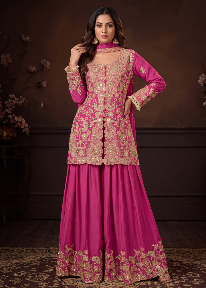 Buy Now Real Chinnon Embroidered Pink Festive Palazzo Dress Online in US, UK, Canada, Germany, Italy, France, Greece, Australia, UAE &amp; Worldwide at Empress.