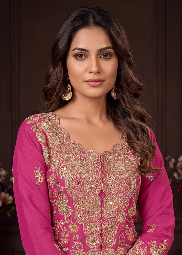 Buy Now Real Chinnon Embroidered Pink Festive Palazzo Dress Online in US, UK, Canada, Germany, Italy, France, Greece, Australia, UAE &amp; Worldwide at Empress.