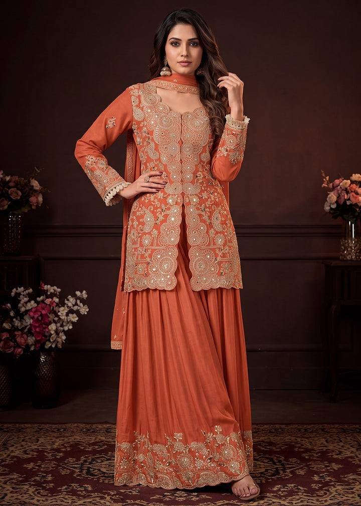 Buy Now Real Chinnon Embroidered Orange Festive Palazzo Dress Online in US, UK, Canada, Germany, Italy, France, Greece, Australia, UAE &amp; Worldwide at Empress.