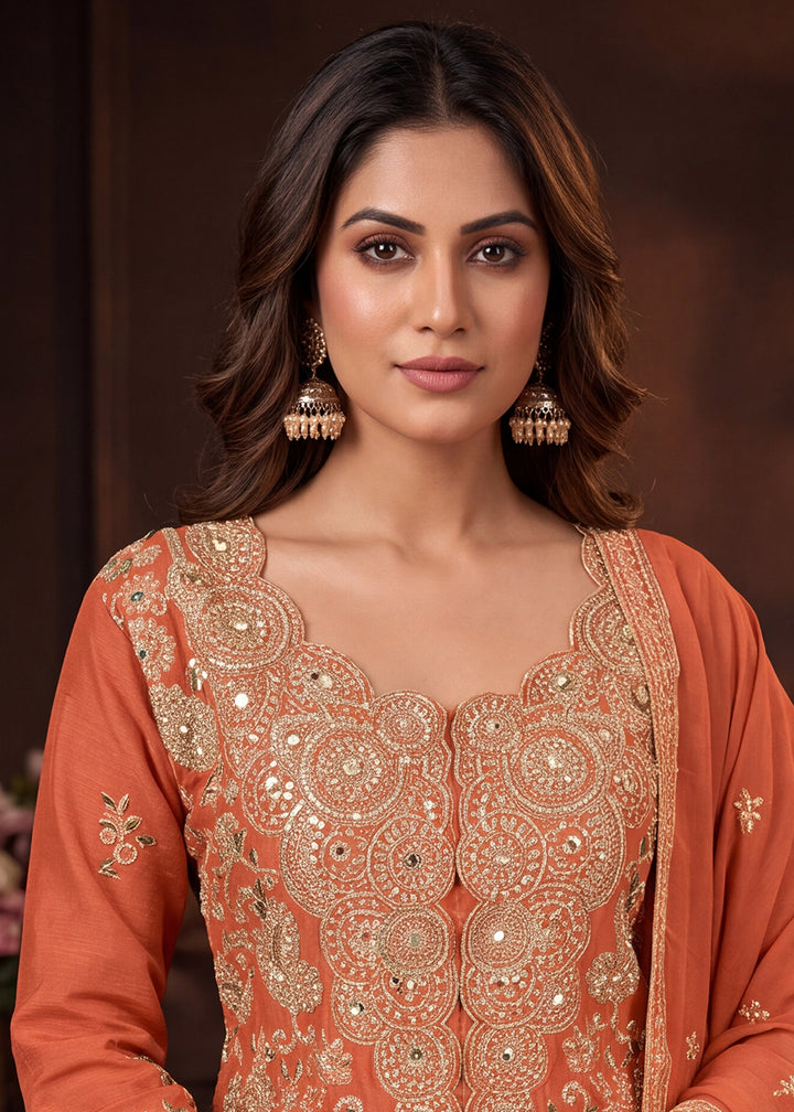 Buy Now Real Chinnon Embroidered Orange Festive Palazzo Dress Online in US, UK, Canada, Germany, Italy, France, Greece, Australia, UAE &amp; Worldwide at Empress.