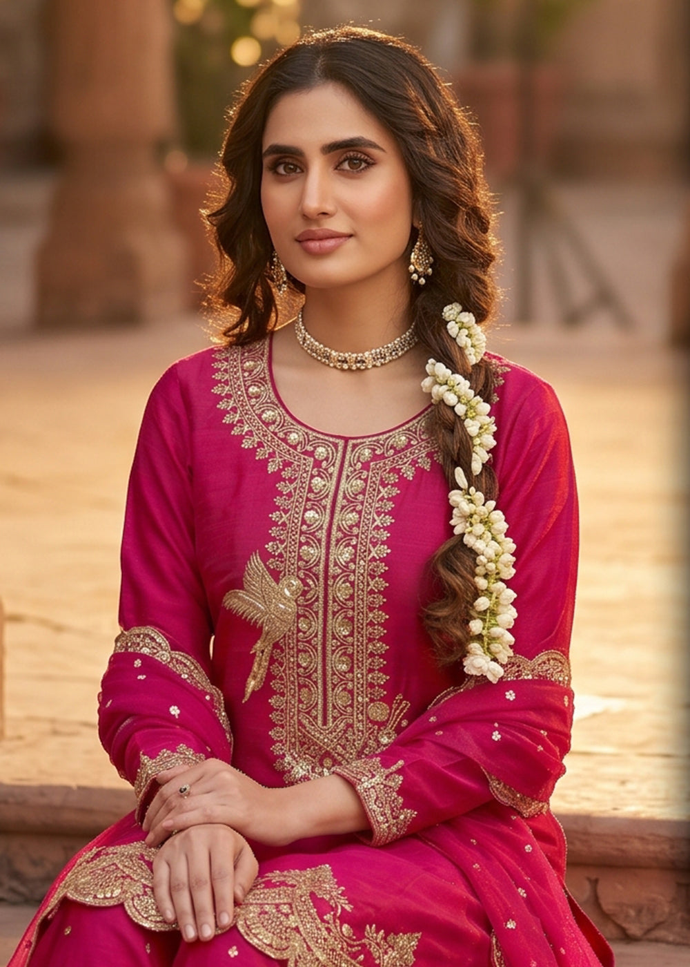 Buy Now Rani Pink Tora Silk Embroidered Festive Palazzo Style Dress Online in US, UK, Canada, Netherlands, Germany, Italy, France, UAE & Worldwide at Empress.