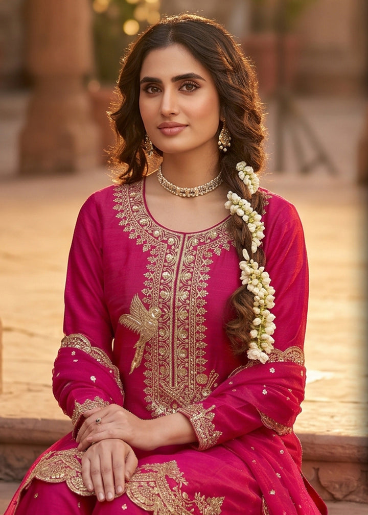 Buy Now Rani Pink Tora Silk Embroidered Festive Palazzo Style Dress Online in US, UK, Canada, Netherlands, Germany, Italy, France, UAE & Worldwide at Empress.