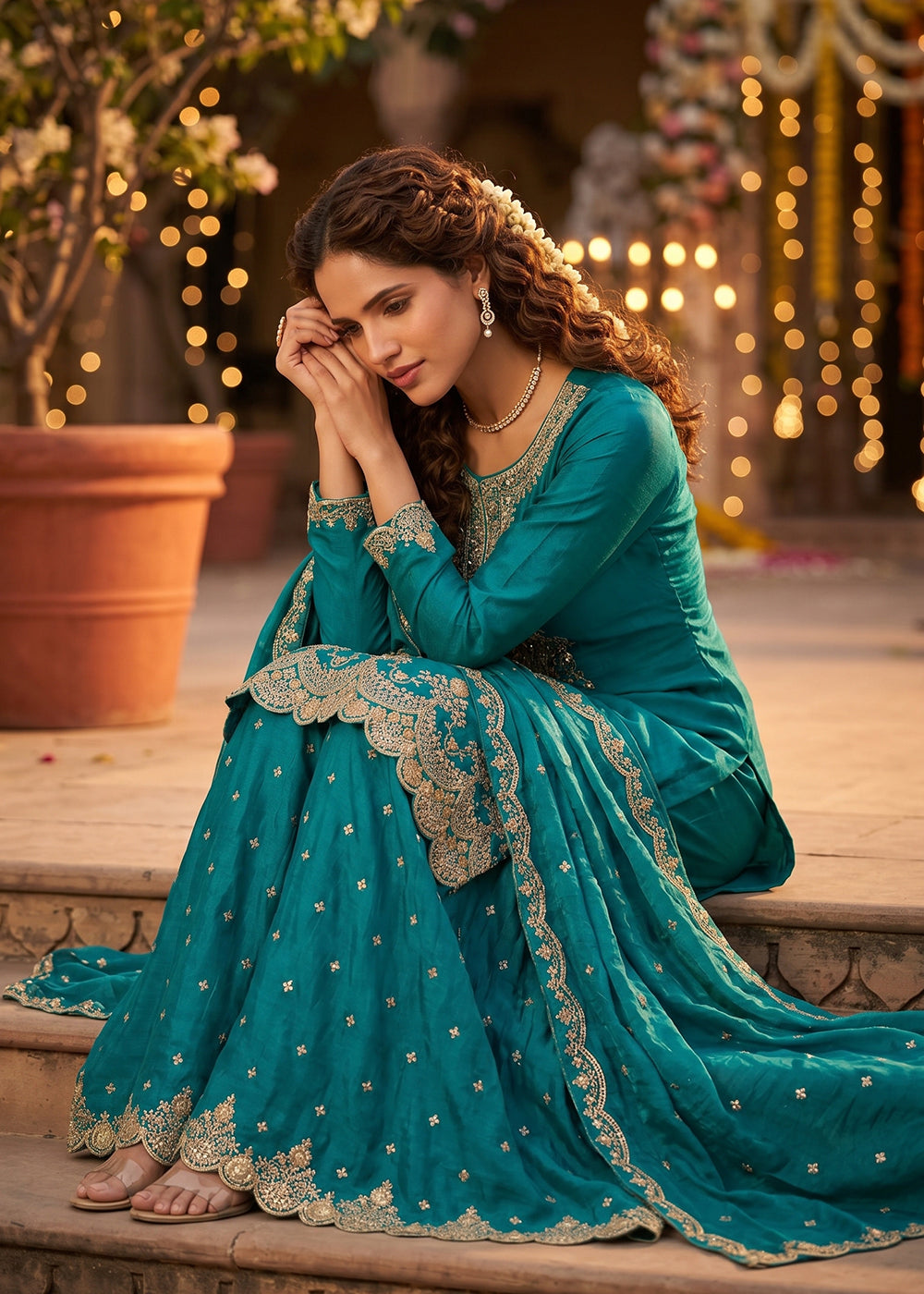 Buy Now Peacock Blue Tora Silk Embroidered Festive Palazzo Style Dress Online in US, UK, Canada, Netherlands, Germany, Italy, France, UAE & Worldwide at Empress.