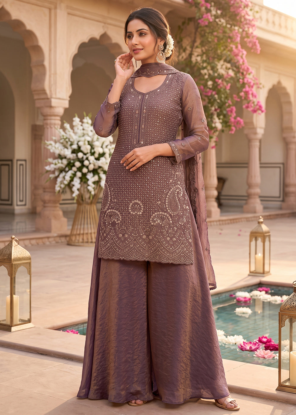 Buy Now Dusky Purple Embroidered Designer Palazzo Style Dress Online in US, UK, Canada, Netherlands, Germany, Italy, France, Greece, UAE & Worldwide at Empress.