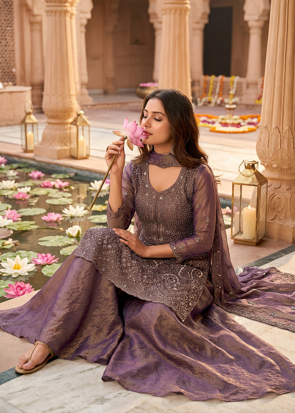 Buy Now Dusky Purple Embroidered Designer Palazzo Style Dress Online in US, UK, Canada, Netherlands, Germany, Italy, France, Greece, UAE &amp; Worldwide at Empress.