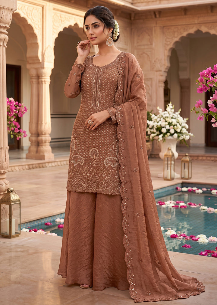 Buy Now Rusty Peach Embroidered Designer Palazzo Style Dress Online in US, UK, Canada, Netherlands, Germany, Italy, France, Greece, UAE &amp; Worldwide at Empress.