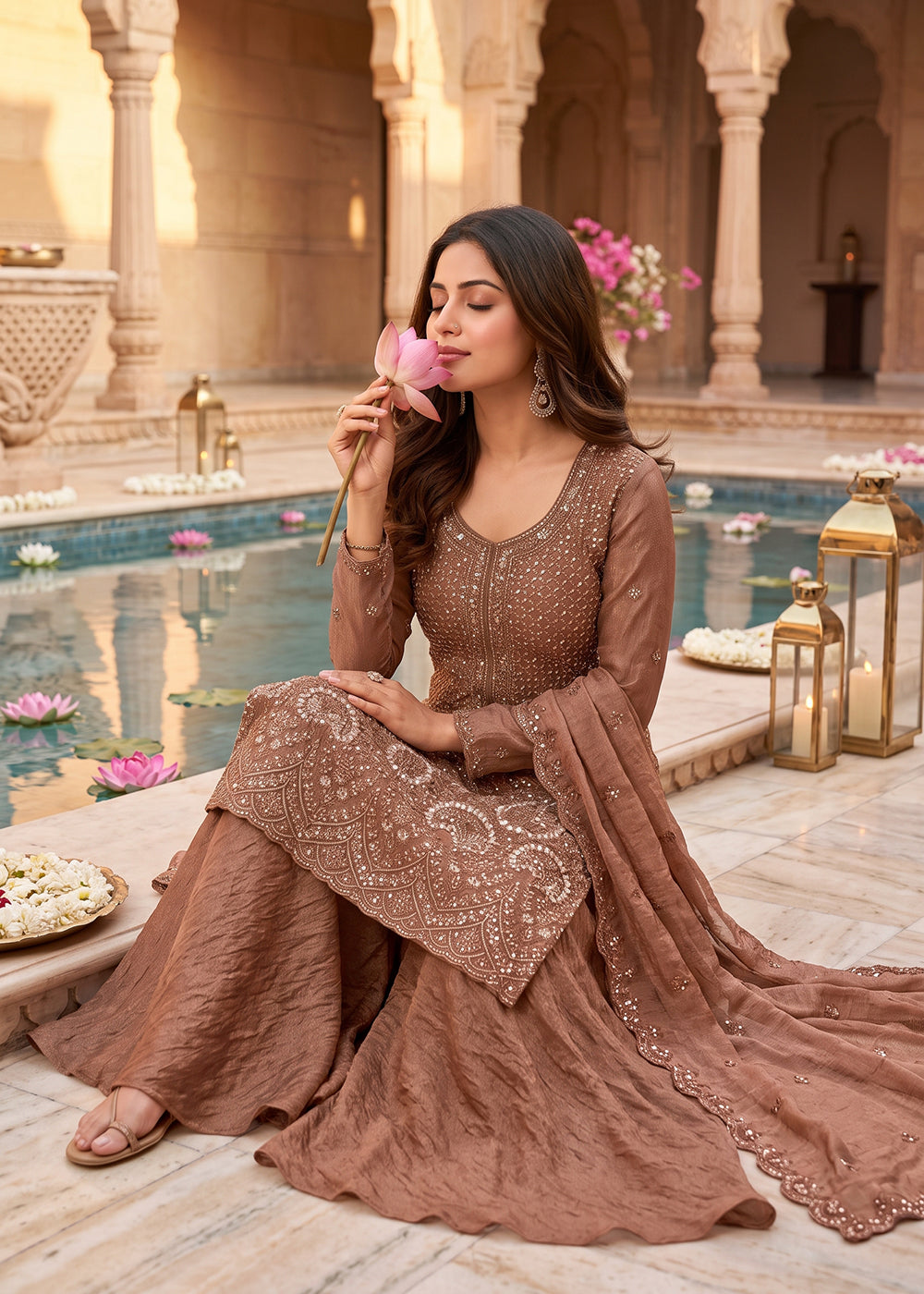Buy Now Rusty Peach Embroidered Designer Palazzo Style Dress Online in US, UK, Canada, Netherlands, Germany, Italy, France, Greece, UAE &amp; Worldwide at Empress.
