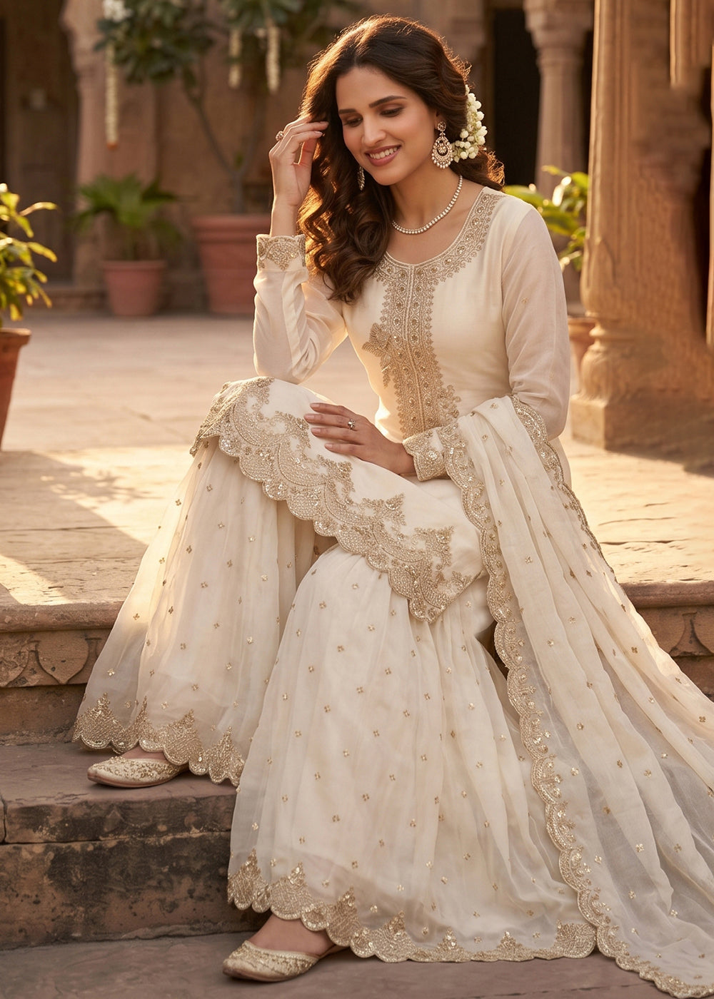 Buy Now Off White Tora Silk Embroidered Festive Palazzo Style Dress Online in US, UK, Canada, Netherlands, Germany, Italy, France, UAE & Worldwide at Empress.