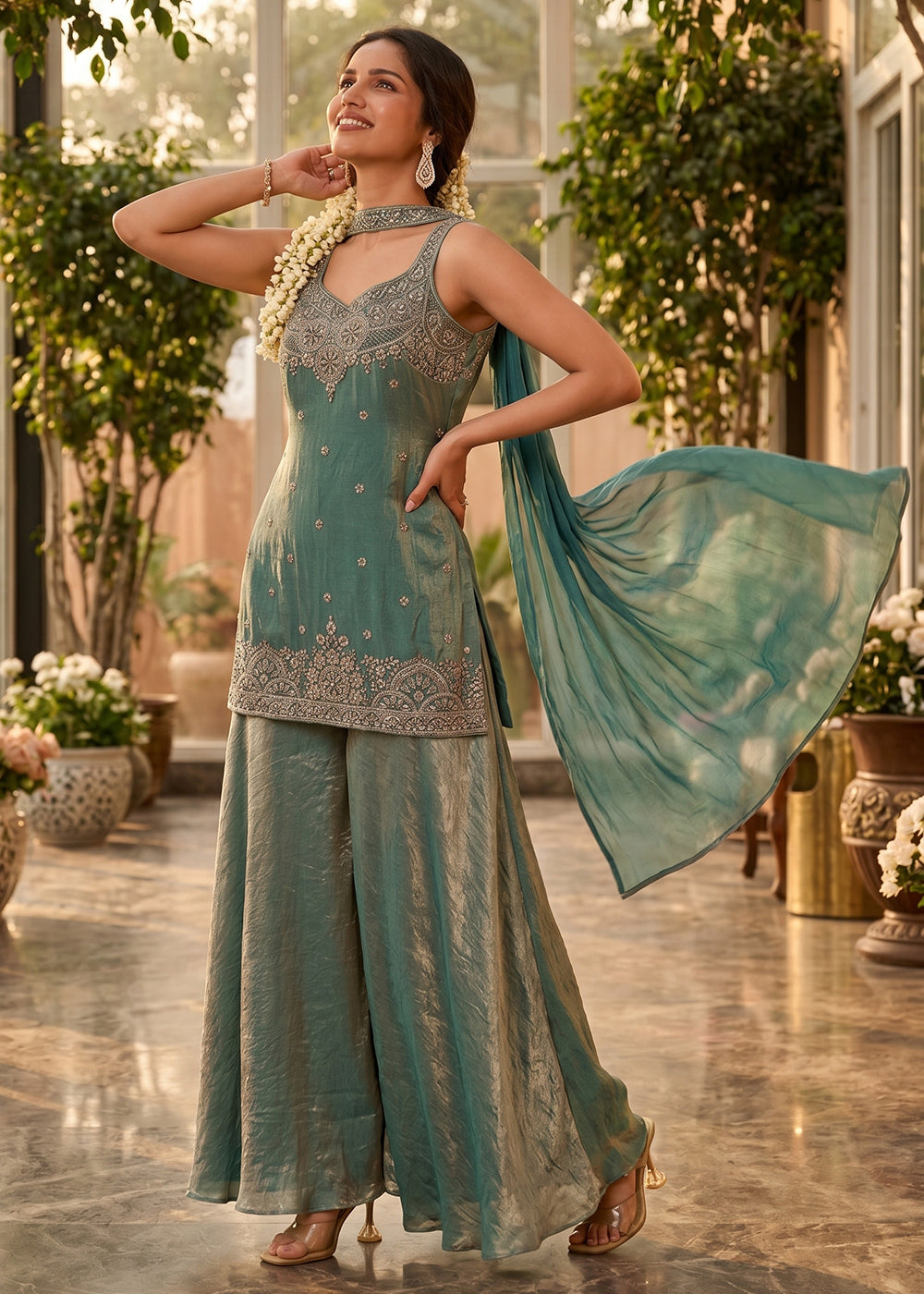 Buy Now Mint Green Handwork & Embroidered Indo Western Palazzo Dress Online in US, UK, Canada, Netherlands, Germany, Italy, France, UAE & Worldwide at Empress.