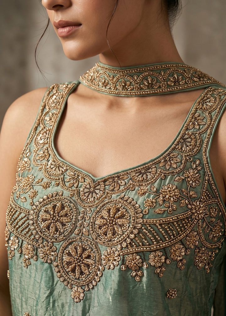 Buy Now Mint Green Handwork & Embroidered Indo Western Palazzo Dress Online in US, UK, Canada, Netherlands, Germany, Italy, France, UAE & Worldwide at Empress.