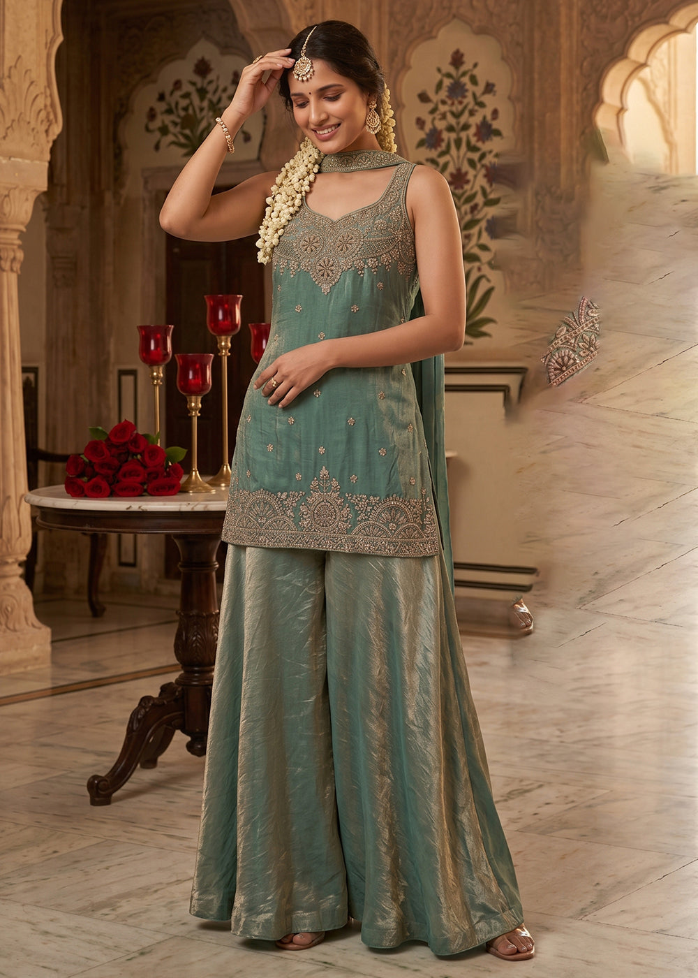 Buy Now Mint Green Handwork & Embroidered Indo Western Palazzo Dress Online in US, UK, Canada, Netherlands, Germany, Italy, France, UAE & Worldwide at Empress.