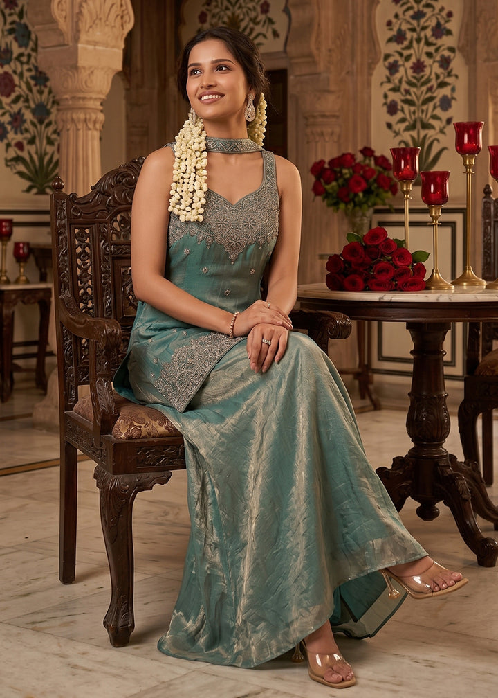 Buy Now Mint Green Handwork & Embroidered Indo Western Palazzo Dress Online in US, UK, Canada, Netherlands, Germany, Italy, France, UAE & Worldwide at Empress.