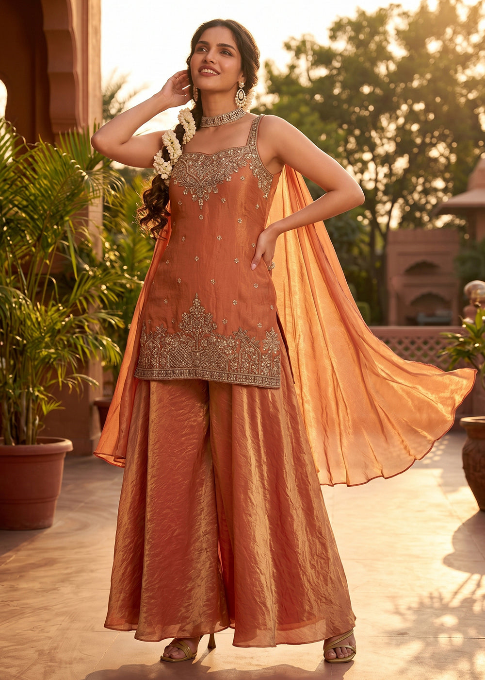 Buy Now Salmon Orange Handwork & Embroidered Indo Western Palazzo Dress Online in US, UK, Canada, Netherlands, Germany, Italy, France, UAE & Worldwide at Empress.