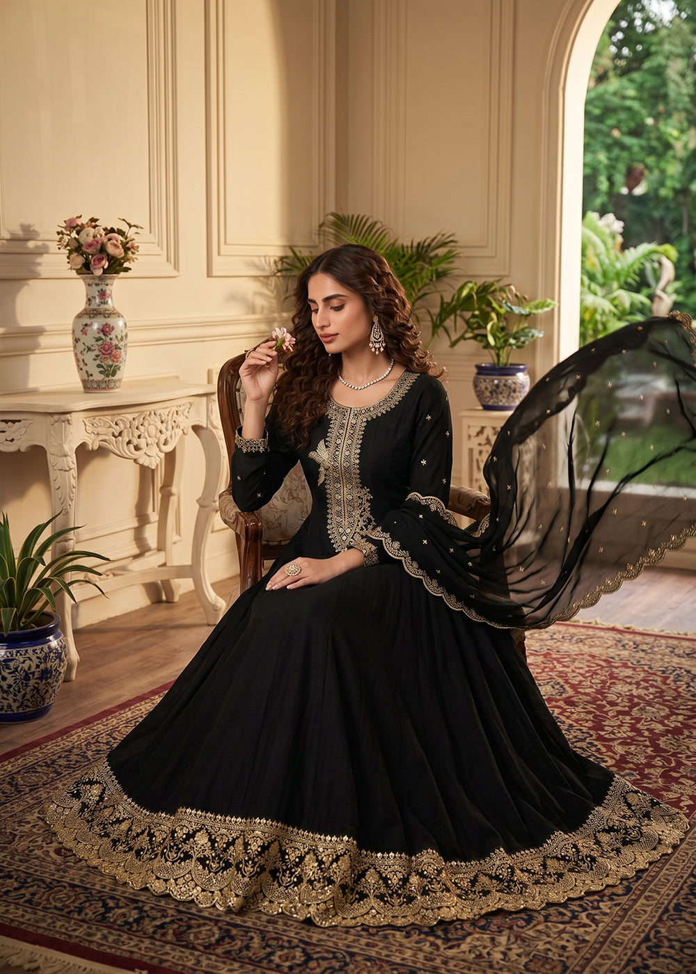 Buy Now Black Premium Silk Embroidered Anarkali Style Dress Online in US, UK, Canada, Netherlands, Germany, Italy, France, Sweden, UAE & Worldwide at Empress.