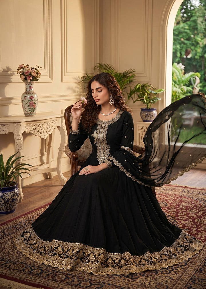 Buy Now Black Premium Silk Embroidered Anarkali Style Dress Online in US, UK, Canada, Netherlands, Germany, Italy, France, Sweden, UAE & Worldwide at Empress.
