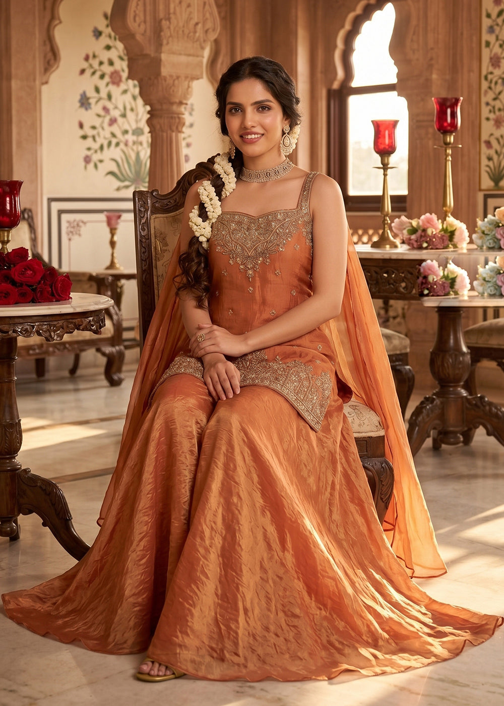 Buy Now Salmon Orange Handwork & Embroidered Indo Western Palazzo Dress Online in US, UK, Canada, Netherlands, Germany, Italy, France, UAE & Worldwide at Empress.
