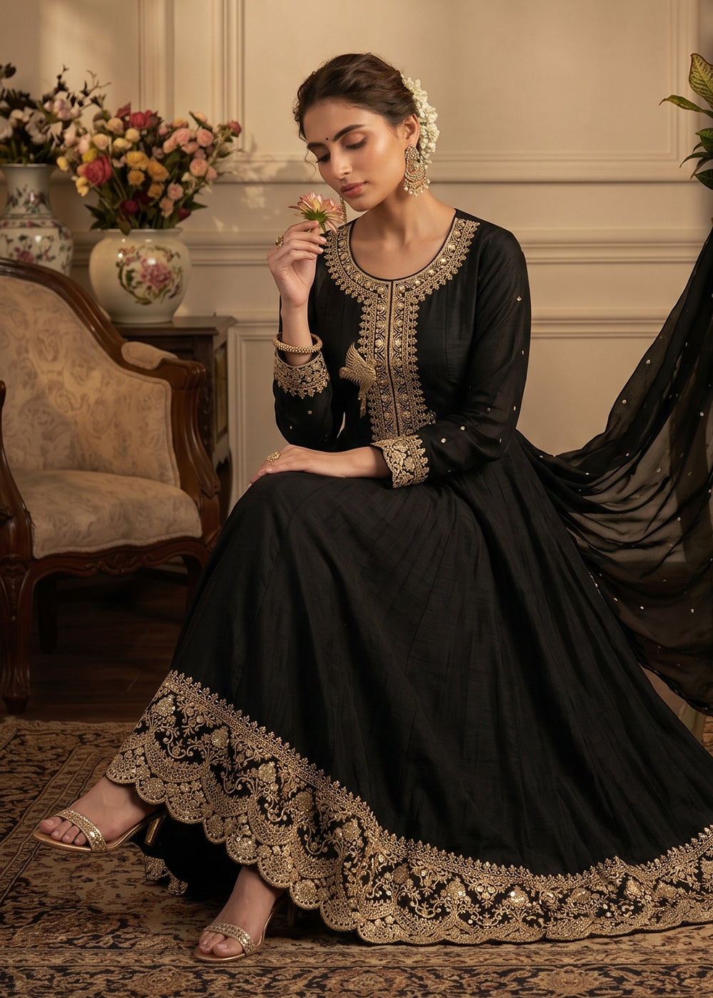 Buy Now Black Premium Silk Embroidered Anarkali Style Dress Online in US, UK, Canada, Netherlands, Germany, Italy, France, Sweden, UAE & Worldwide at Empress.