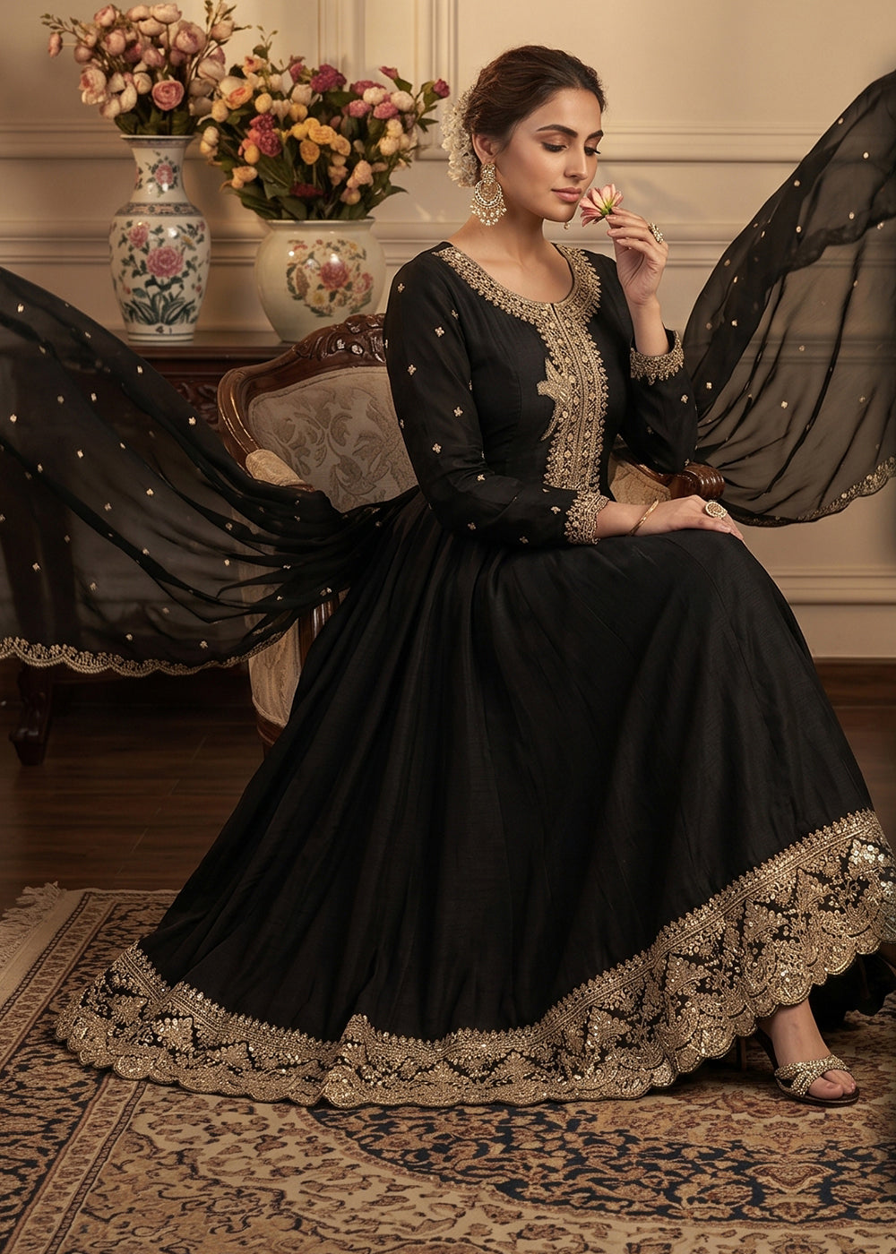 Buy Anarkali Style Dress in US - Black Premium Silk Embroidered Dress Empress Clothing Buy Anarkali Style Dress in US - Black Premium Silk Embroidered Dress Empress Clothing