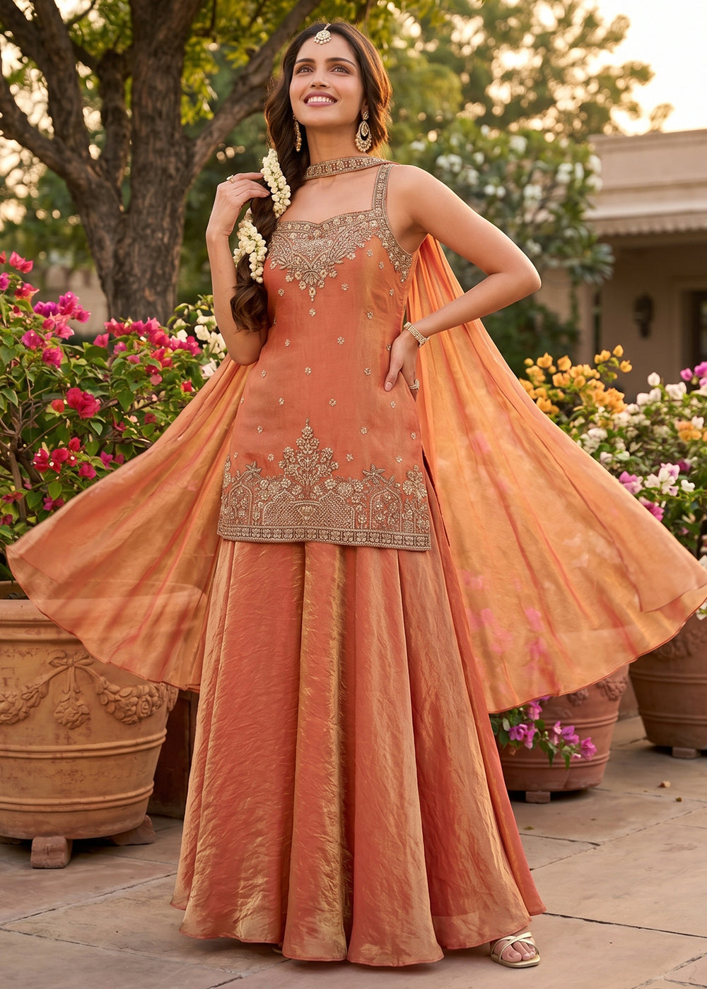 Buy Now Salmon Orange Handwork & Embroidered Indo Western Palazzo Dress Online in US, UK, Canada, Netherlands, Germany, Italy, France, UAE & Worldwide at Empress.