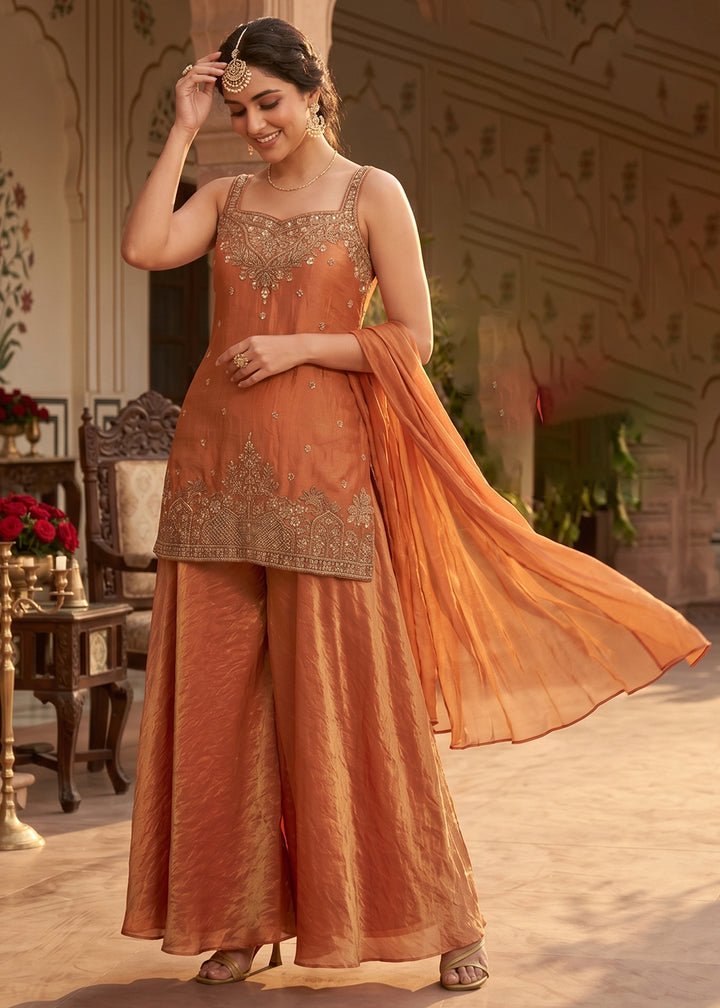 Buy Now Salmon Orange Handwork & Embroidered Indo Western Palazzo Dress Online in US, UK, Canada, Netherlands, Germany, Italy, France, UAE & Worldwide at Empress.