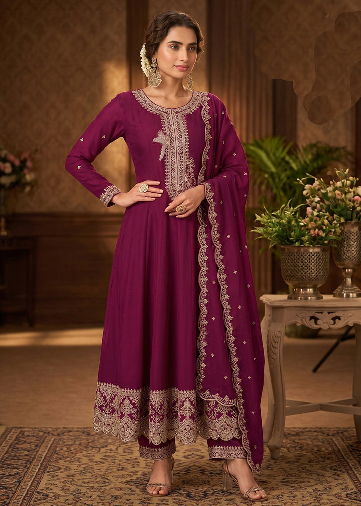 Buy Now Magenta Premium Silk Embroidered Anarkali Style Dress Online in US, UK, Canada, Netherlands, Germany, Italy, France, Sweden, UAE & Worldwide at Empress.