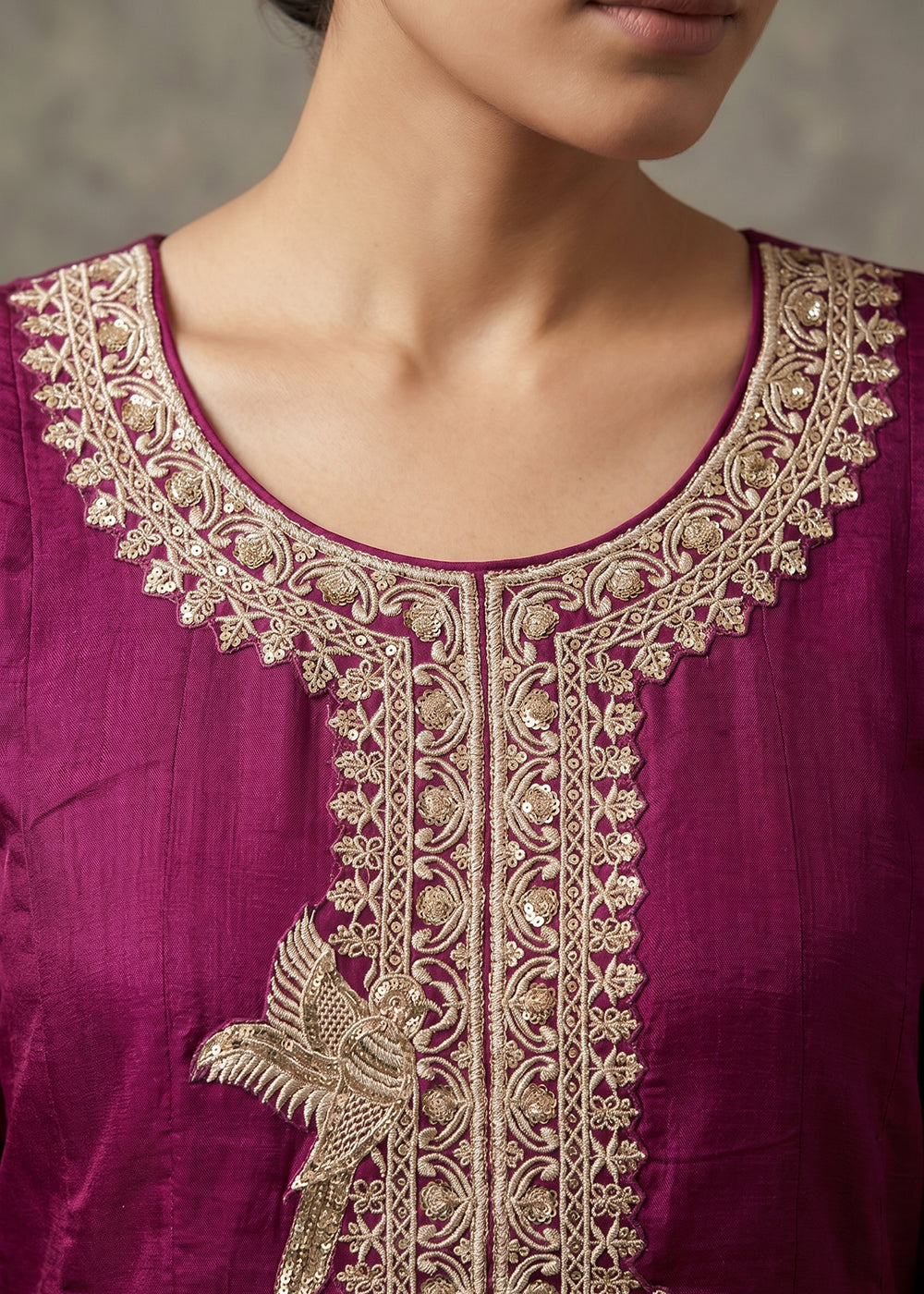 Buy Now Magenta Premium Silk Embroidered Anarkali Style Dress Online in US, UK, Canada, Netherlands, Germany, Italy, France, Sweden, UAE & Worldwide at Empress.