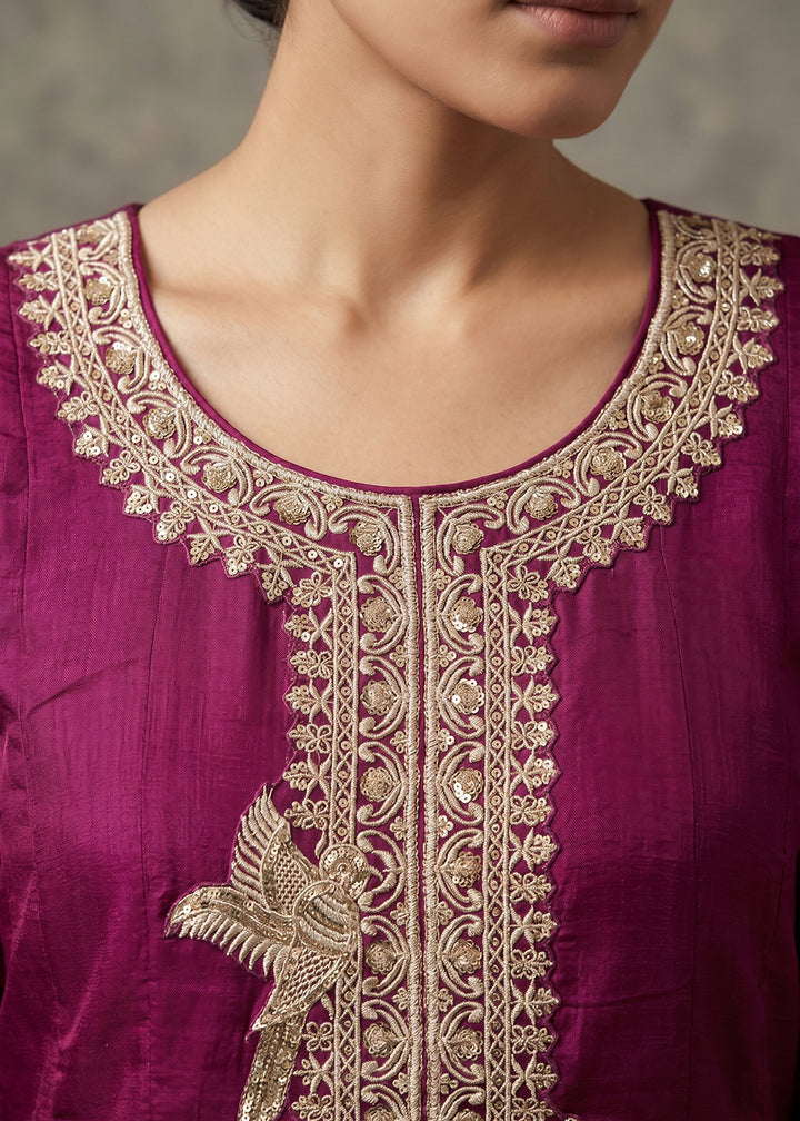 Buy Now Magenta Premium Silk Embroidered Anarkali Style Dress Online in US, UK, Canada, Netherlands, Germany, Italy, France, Sweden, UAE & Worldwide at Empress.