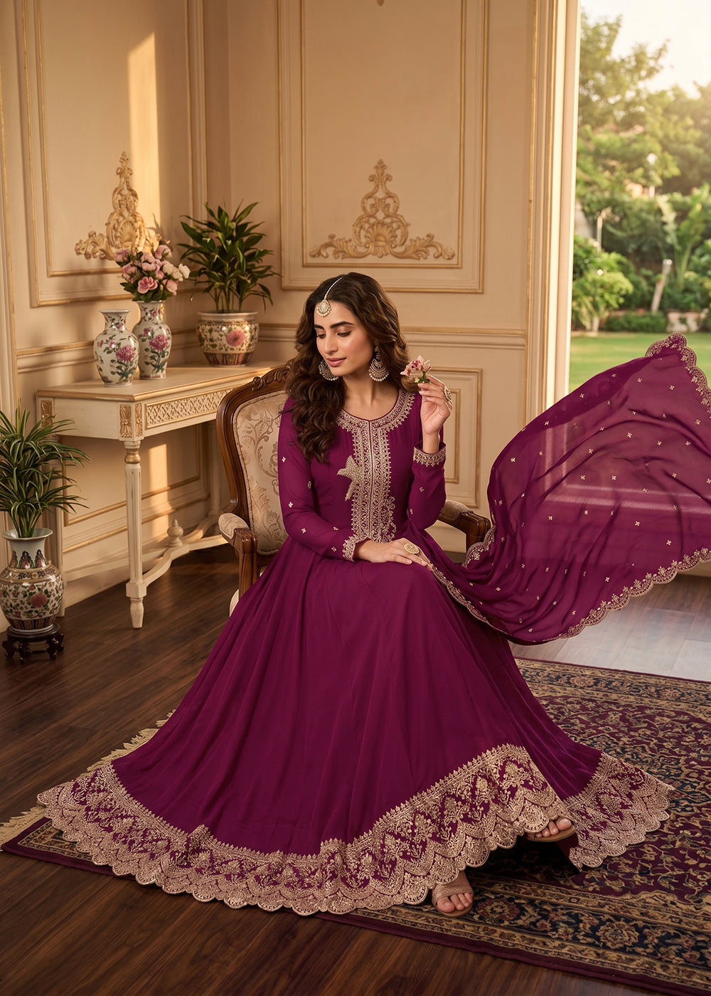 Buy Now Magenta Premium Silk Embroidered Anarkali Style Dress Online in US, UK, Canada, Netherlands, Germany, Italy, France, Sweden, UAE & Worldwide at Empress.