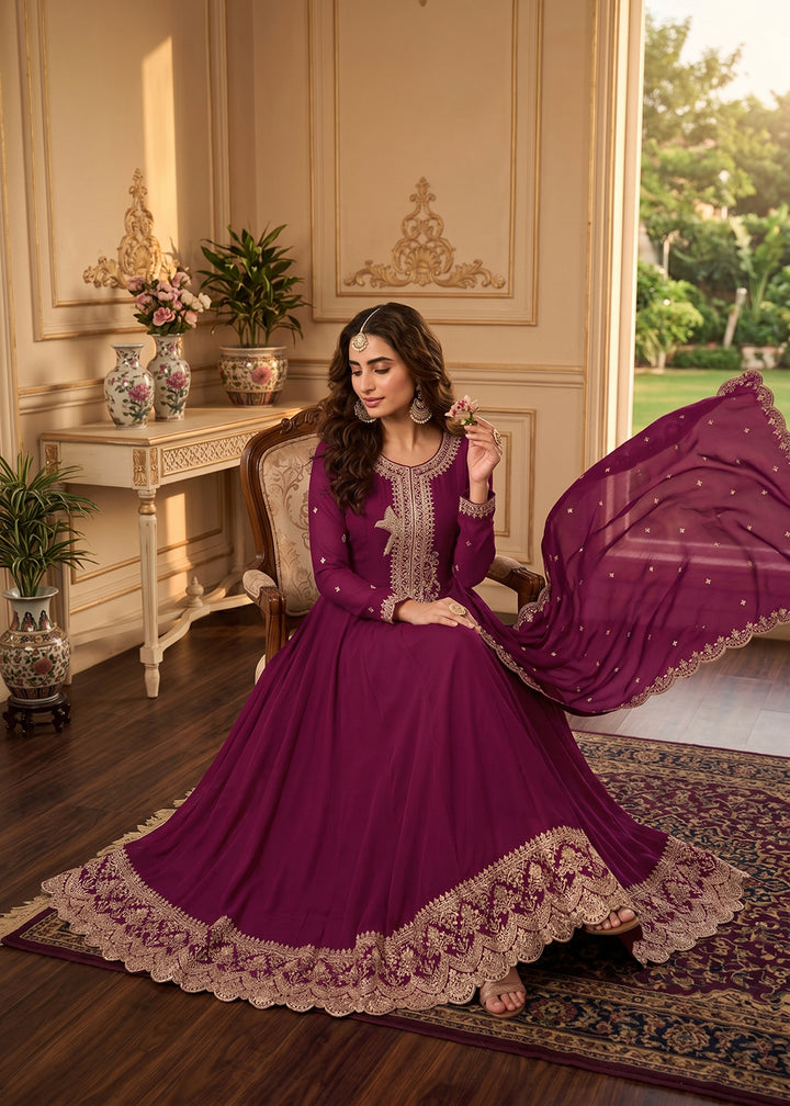 Buy Now Magenta Premium Silk Embroidered Anarkali Style Dress Online in US, UK, Canada, Netherlands, Germany, Italy, France, Sweden, UAE & Worldwide at Empress.