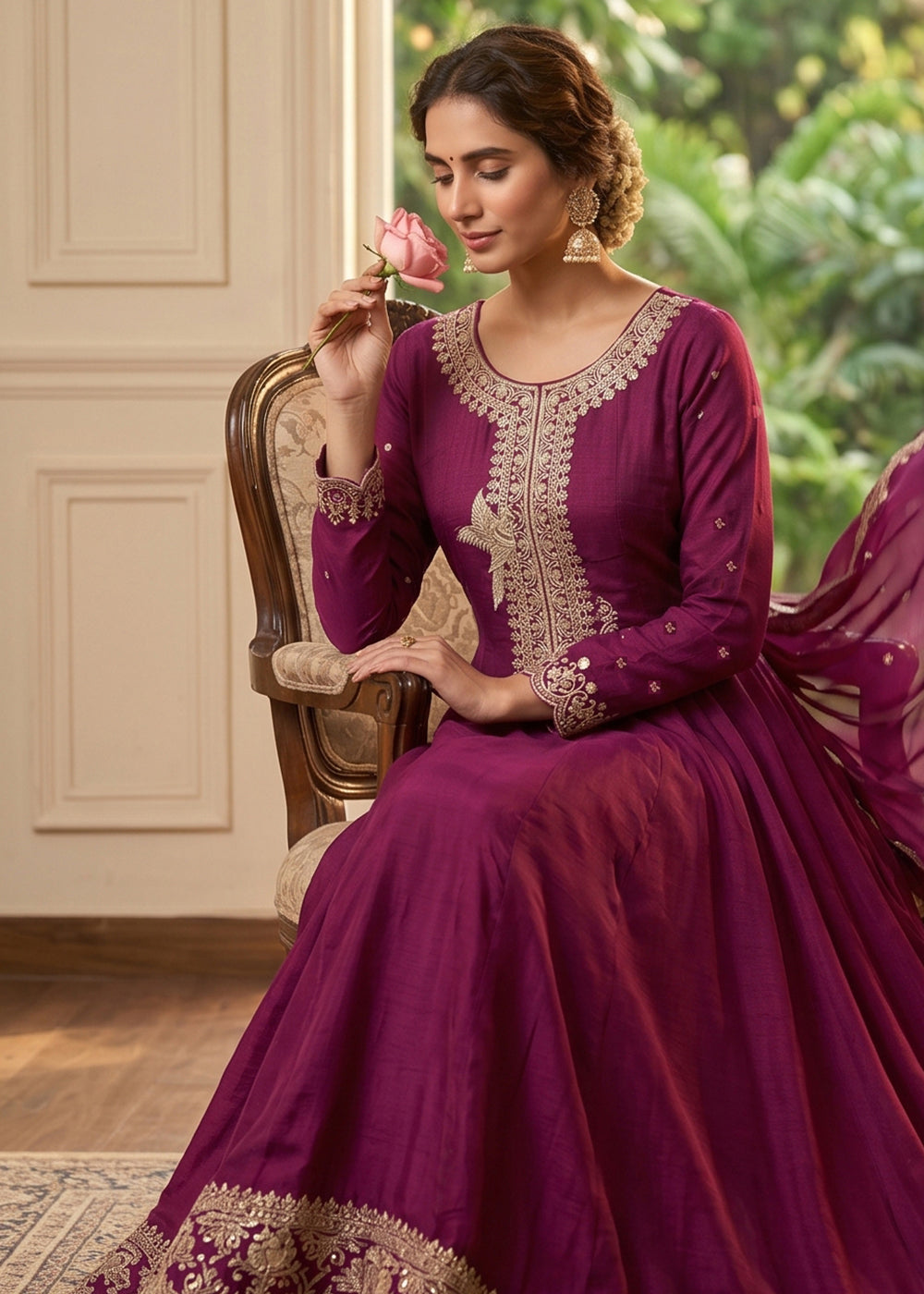 Buy Now Magenta Premium Silk Embroidered Anarkali Style Dress Online in US, UK, Canada, Netherlands, Germany, Italy, France, Sweden, UAE & Worldwide at Empress.