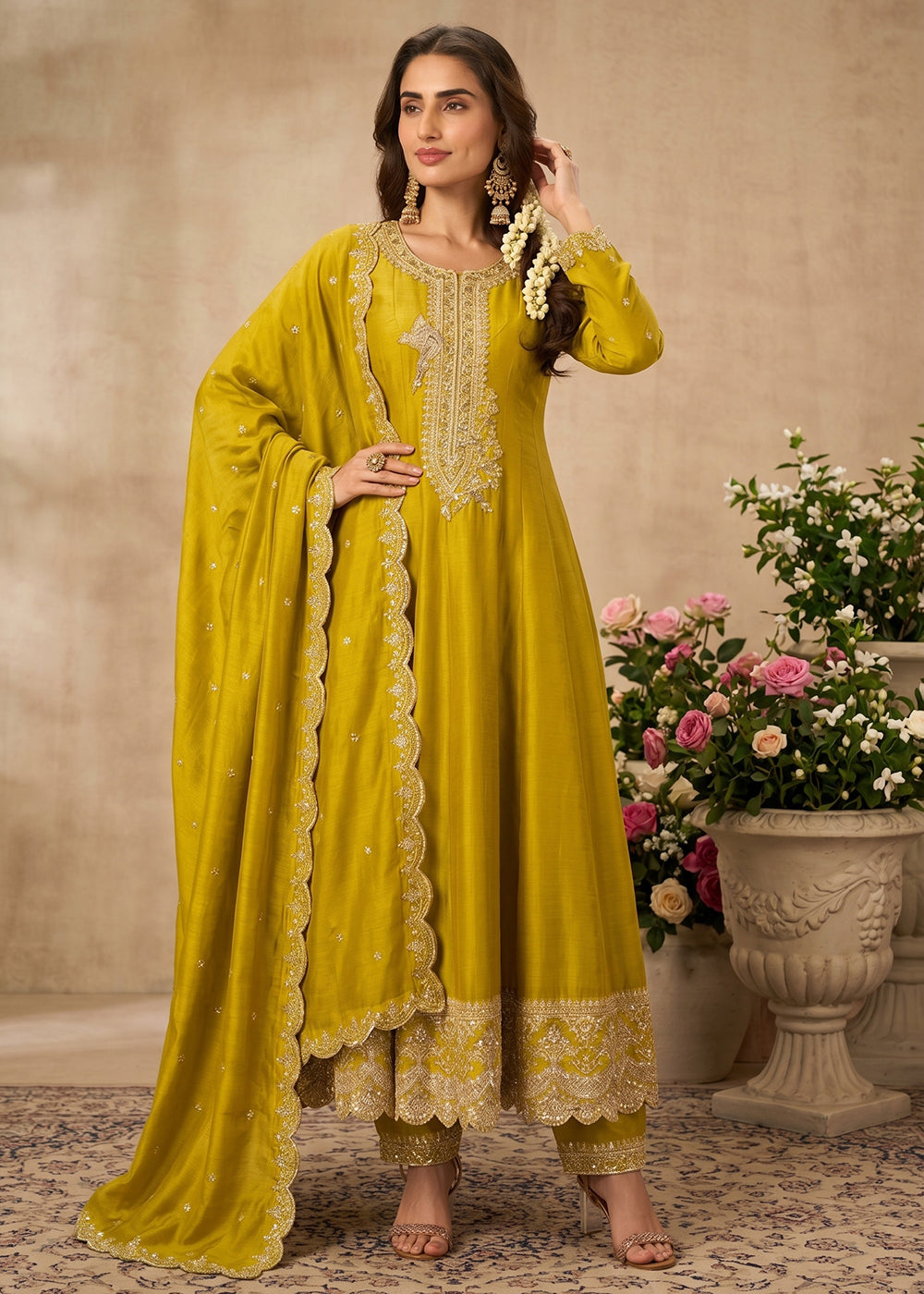 Buy Now Yellow Premium Silk Embroidered Anarkali Style Dress Online in US, UK, Canada, Netherlands, Germany, Italy, France, Sweden, UAE & Worldwide at Empress.