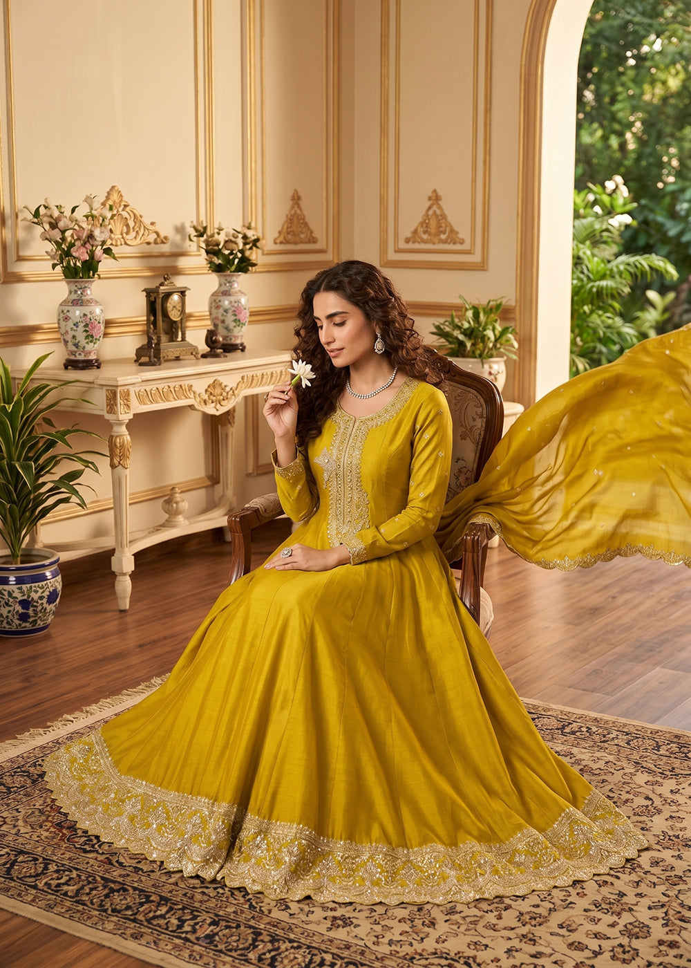 Buy Now Yellow Premium Silk Embroidered Anarkali Style Dress Online in US, UK, Canada, Netherlands, Germany, Italy, France, Sweden, UAE & Worldwide at Empress.